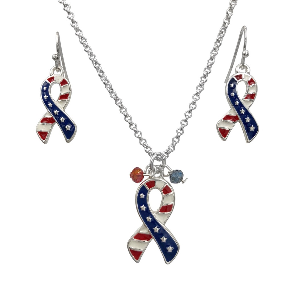 American Flag Ribbon Red White & Blue Necklace & Dangle Earrings Set